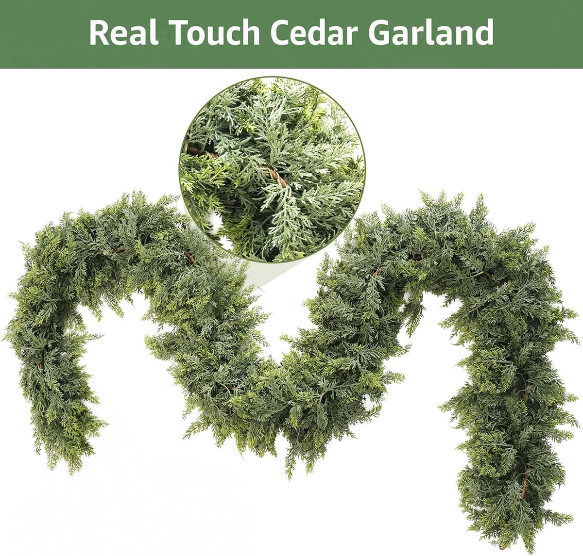 9 ft real touch cedar garland realistic looking, close-up detail