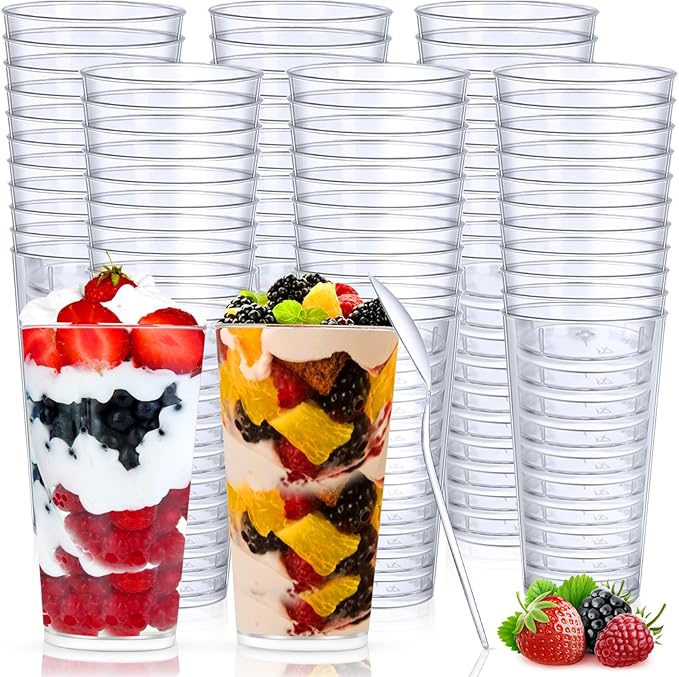 CHENGU 3 oz Clear Plastic Mini Dessert Cups with Spoons - Round Parfait Appetizer Cups, Shot Glasses, Disposable Tall Tumbler for Dessert Tasting Party supplies (200 Pieces)
