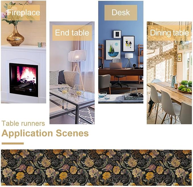 Japanese Table Runner Retro Flowers Oriental Tradition Kio Fish Art Printed Burlap Runner Home Kitchen Dining Table Living Room Decor Fabric 1 Panel W13xL90in