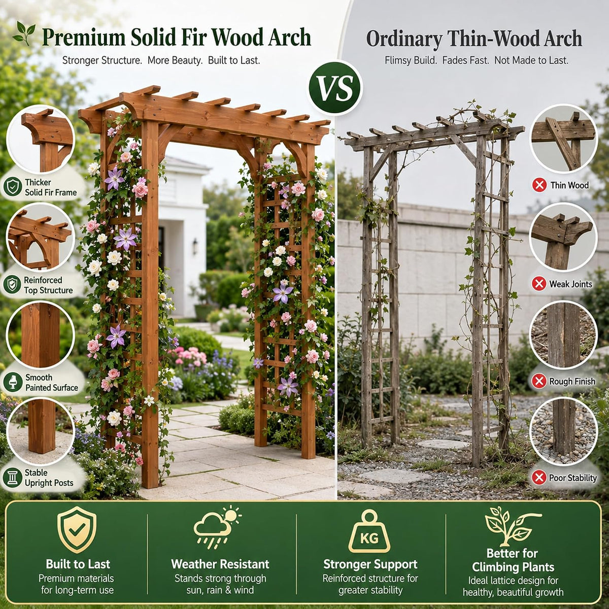 Solid Fir Wood Garden Arch Trellis for Climbing Plants Outdoor
