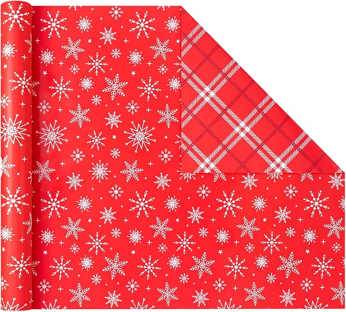 Christmas Gift Wrapping Paper Rolls,3 Rolls 17inches x 198inches Reversible Gift Wrapping Paper, Red Gold White Wrapping Paper, Snowflakes, Stripes, Plaid, Santa hat, Christmas decorations