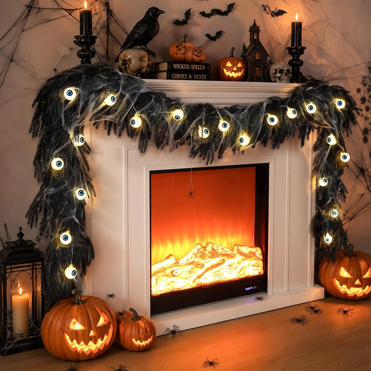 9ft black halloween garland with eyeball string light shown in use