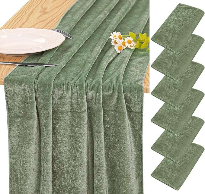 Velvet Table Runner 20 x 120 Inches 10ft Luxurious Thick Soft Velvet Christmas Thanksgiving Wedding Reception Table Runner for Party Reception Decorations(Sage Green, 6 Pack)