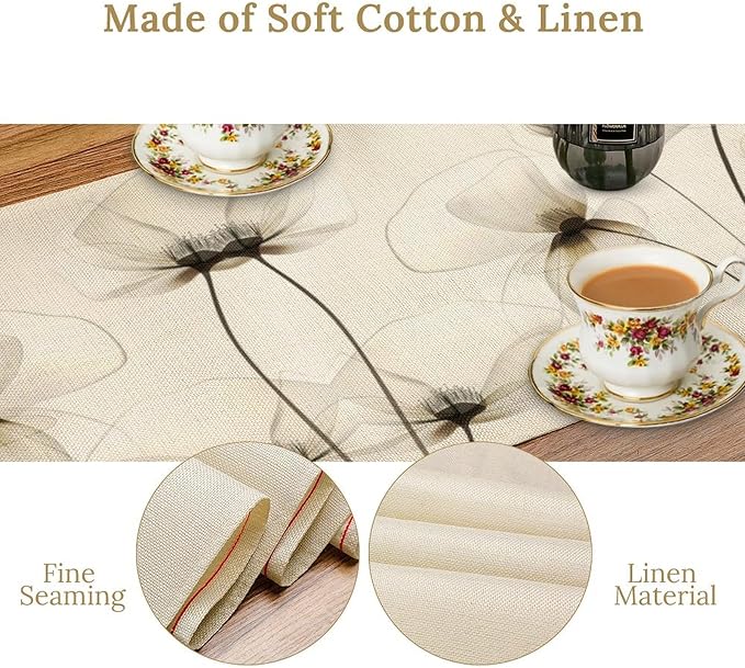 Abstract Floral Table Runner, Watercolor Transparent Beige Poppy Flowers Print Kitchen Dinning Table Runner for Indoor Outdoor Home Wedding Party Holiday, 13x36 Inch