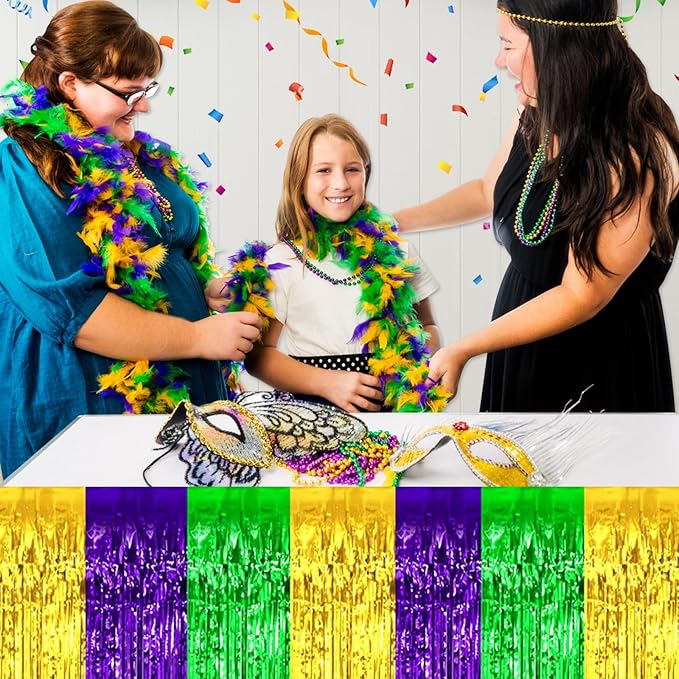 3 Pack 29 x108 Inch Gold Green Purple Foil Fringe Table Skirts Metallic Banner for Tinsel Streamer Garland Backdrop for Parade Floats Wedding Thanksgiving Birthday Christmas New Year Party Decoration
