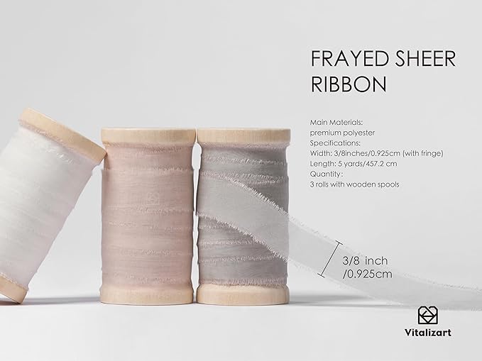 Vitalizart Organza Ribbon Frayed Sheer Organza White Pink Grey Set 3/8" Silk Like Ribbons for Valentines Day Gift Wrapping Craft Flower Bouquet Wedding Invitations Mesh Fabric 15 Yards