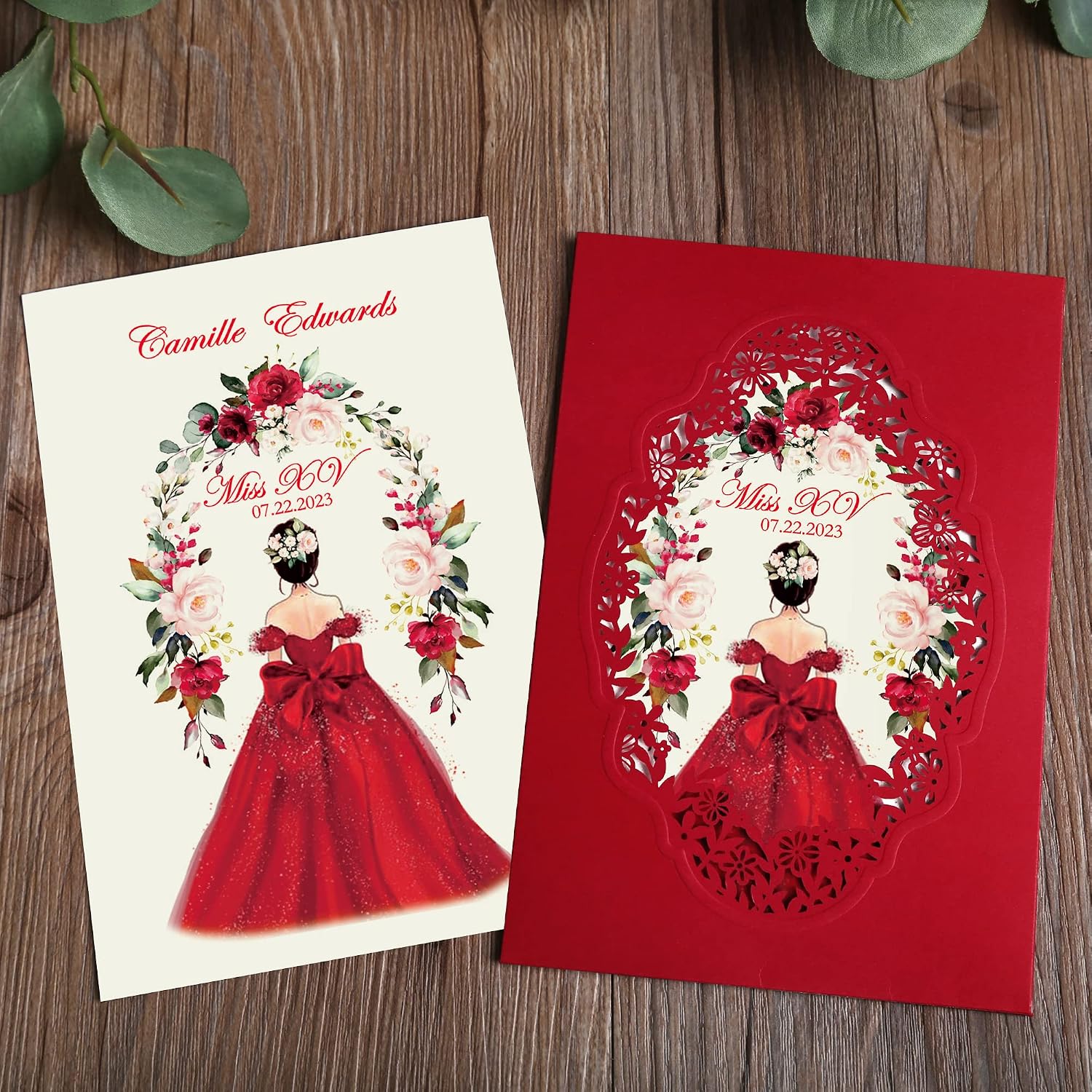 DORIS HOME 50Pcs Personalized Laser Cut Wedding Invitations, Red | 5"x7.3", Customized Quince Invitations, For 15th Birthday, Sweet 16, With Envelopes
