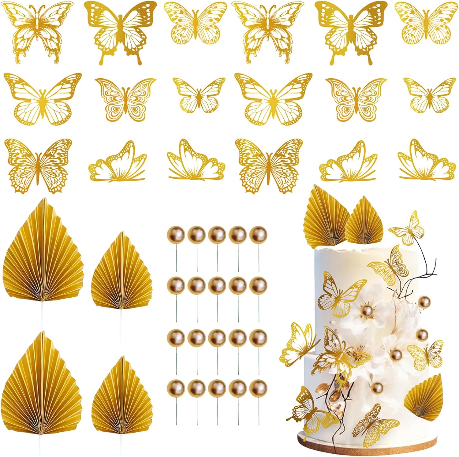 42-Piece Cake Topper Kit: 4 Palm Leaf Fan, 20 Decorating Balls, 18 Butterfly Decor, Gold, Perfect for Birthdays, Anniversaries, Weddings, Christmas