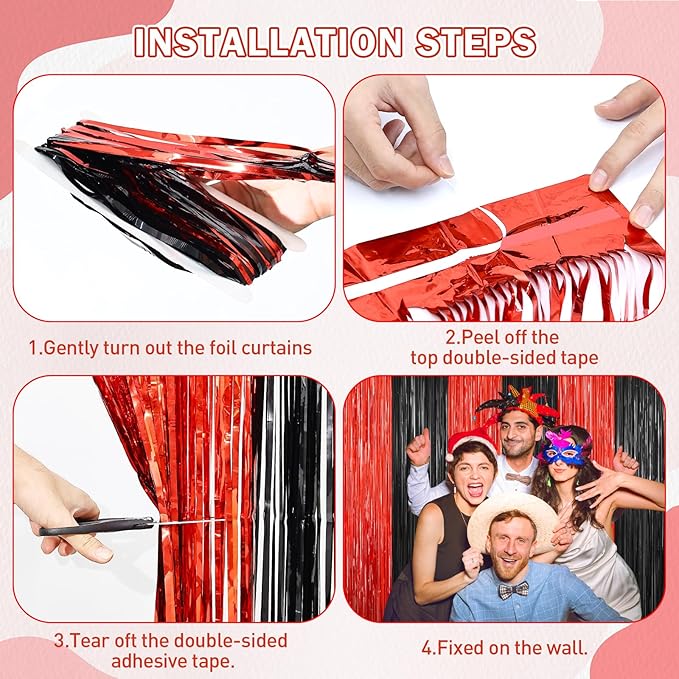 2Pack Black Red Backdrop Curtains Party Decor, Door Streamers Photo Booth Backdrop Metallic Party Streamer Tinsel Foil Fringe Curtains Backdrop Halloween Baby Shower Bachelorette Xmas Party Decors
