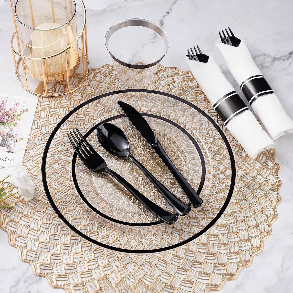 Goodluck 175 Pcs Clear Black Party Plates Cups Napkins Sets for 25 Guests