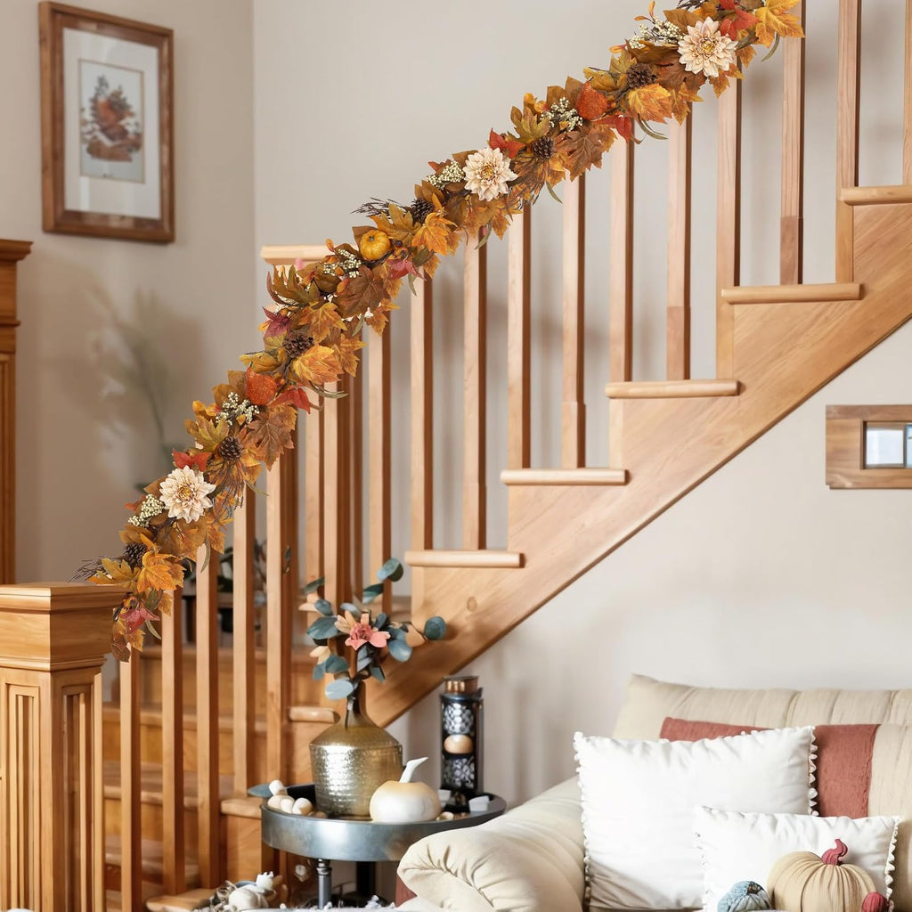 fall garland 6ft lifelike autumn maples leaf pumpkin, side view