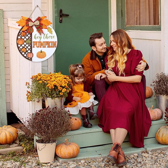 CHDITB Hey There Pumpkin Front Door Sign Wreath(12"x12"), Wooden 3D Hello Fall Autumn Decoration Wall Hanging, Rustic Welcome Home Decor Hanger for Porch Outdoor Thanksgiving