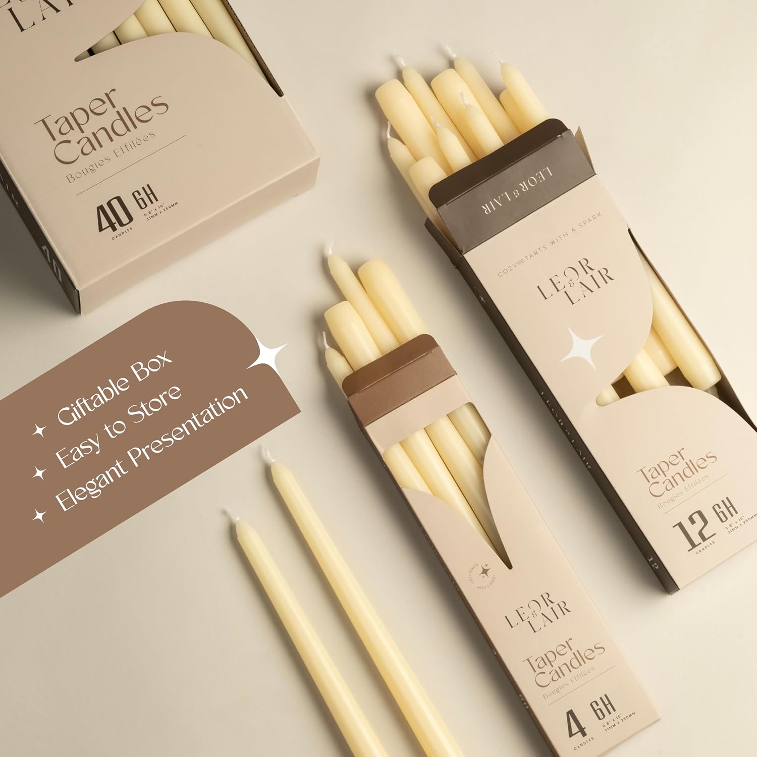 Leor & Lair Ivory Taper Candles - 4 Pack 10" Ivory Candlesticks - Unscented Cream Candle Sticks for Home Decoration, Holiday Tables, Weddings, Restaurants & Business Events