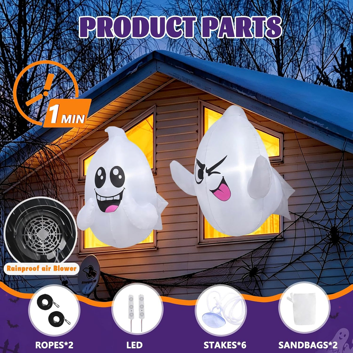 2 Pack 2.6 FT Halloween Inflatables Window Ghosts with Built-in LED Lights
