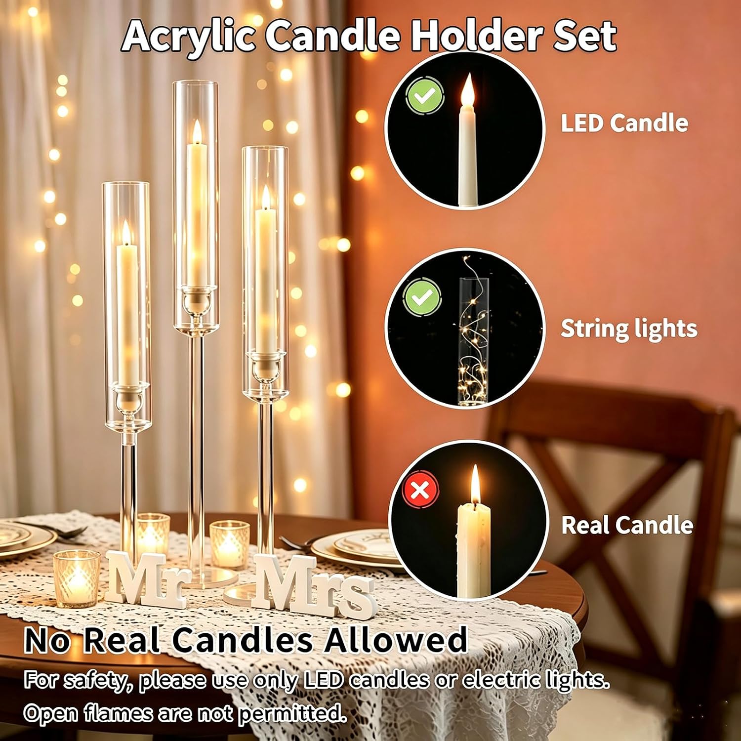 Vincidern 6pcs Clear Taper Candle Holder Set, Centerpieces for Tables, Acrylic Candlestick Holder for Dining Table, Fireplace, Wedding, Party, Holiday, Home Decor