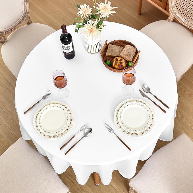 Fitable Faux Linen Round Tablecloths 60 Inches - 2 Pack Textured Table Clothes Faux Burlap Table Covers for Kitchen, Dining Room, Party, Farmhouse, Outdoor (Great for 20"-48" Round Tables, White)