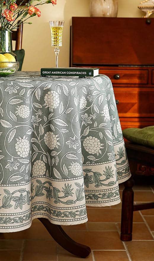 ISAENNE Designer Grayish Green Linen Small Round Tablecloth,Floral Stain Resistant Table Cloth,Fall Vintage Decor Tablecloths for Dining Thanksgiving Kitchen Party,Diameter 55"-Andrew A