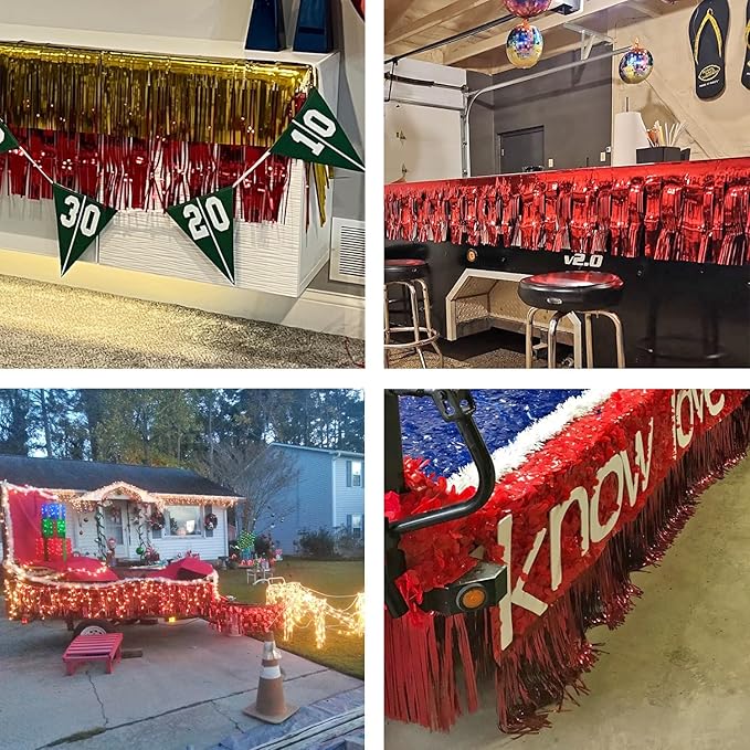 Thick 10 Feet by 15 Inch Red Foil Fringe Garland - Pack of 3 | Shiny Metallic Tinsel Banner for Parade Floats, Bridal Shower, Wedding, Birthday, Christmas | Wall Hanging Drapes (3)