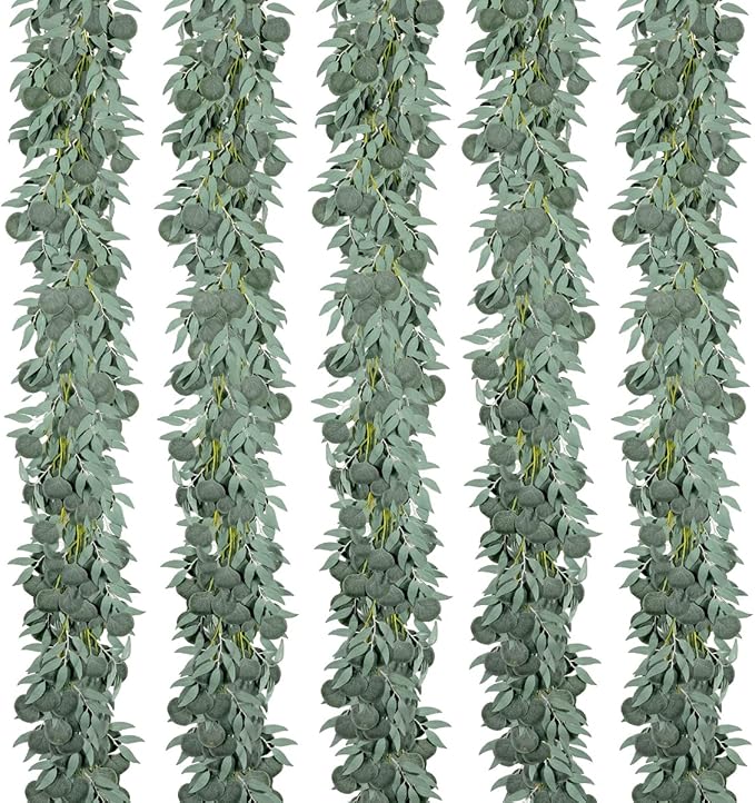 Kisflower 5 Pack 6.56FT Green Eucalyptus Garland for Decoration Table with Willow Leaves Greenery Garland Fake Hanging Plants Vines for Wedding Arch Decor Party Room Home Garden Office Wall Decor