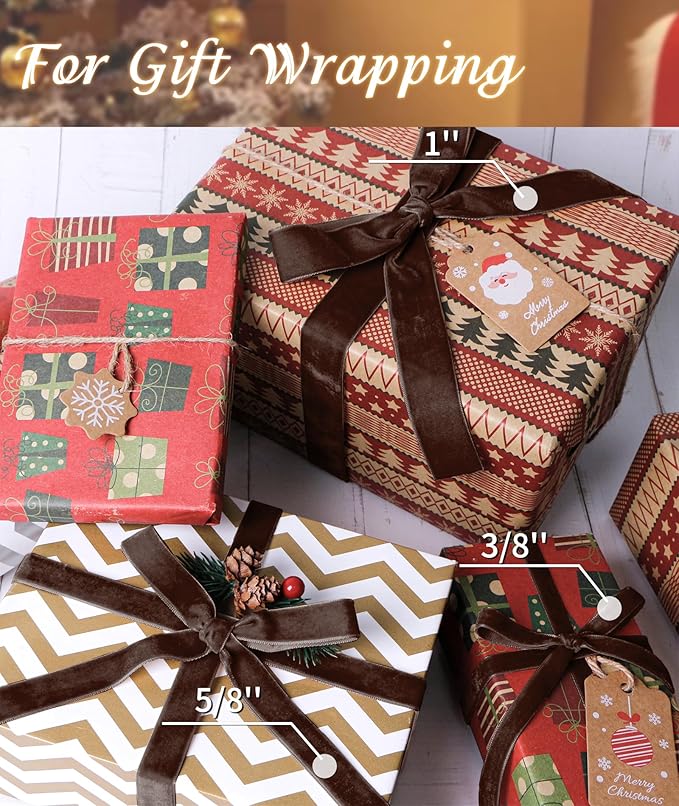 Brown Velvet Ribbon 5/8'' 25 Yards for Christmas Tree, Gift Wrapping, Flower Bouquet, Wreath Decorations, Bow Making