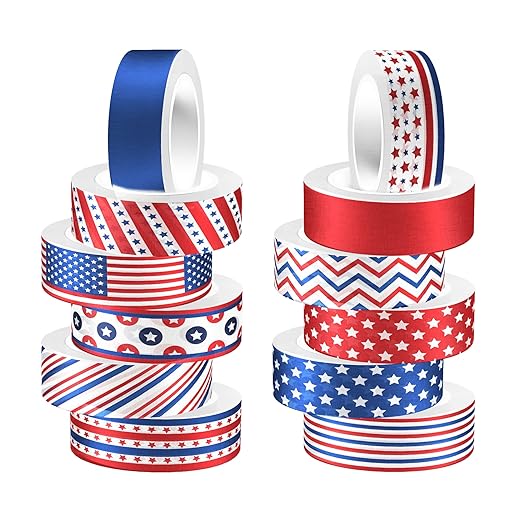 Adirasenotek Washi Tape 12 Rolls Patriotic Packing Tape American Flag Decorative Paper Stickers DIY Art Crafts
