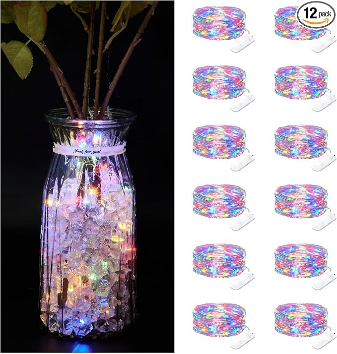 12 Pack Fairy Lights Battery Operated String Lights，7FT 20LED Waterproof Silver Wire Christmas Lights Outdoor,Firefly Mini Lights for Bedroom Party Birthday Wedding Home Decor