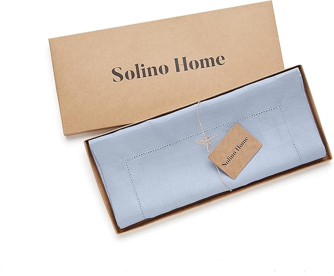 Solino Home Linen Hemstitch Table Runner 108 Inches Long - 100% Pure Linen Sky Blue Table Runner 14 x 108 Inch for Holiday - Classic Hemstitch