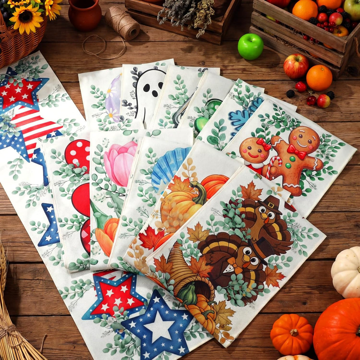 Honeydak 12 Pcs Holiday Table Runner Seasonal Farmhouse Table Decor 13 x 72 I...
