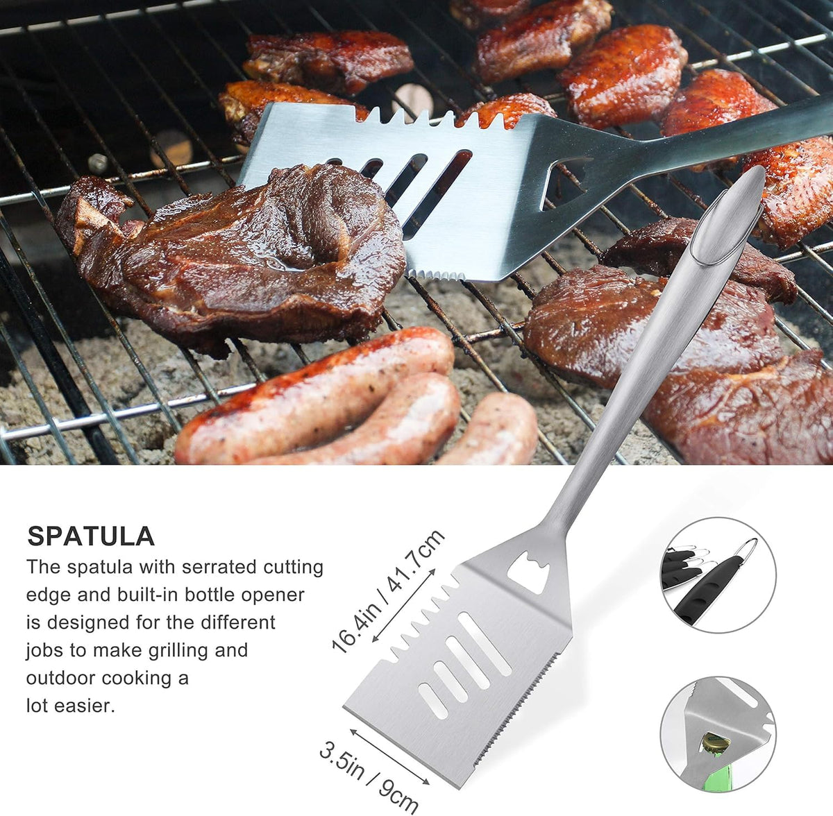 grilljoy 8PCS BBQ Grill Tools Set with Extra Thick Stainless Steel Spatula, F...