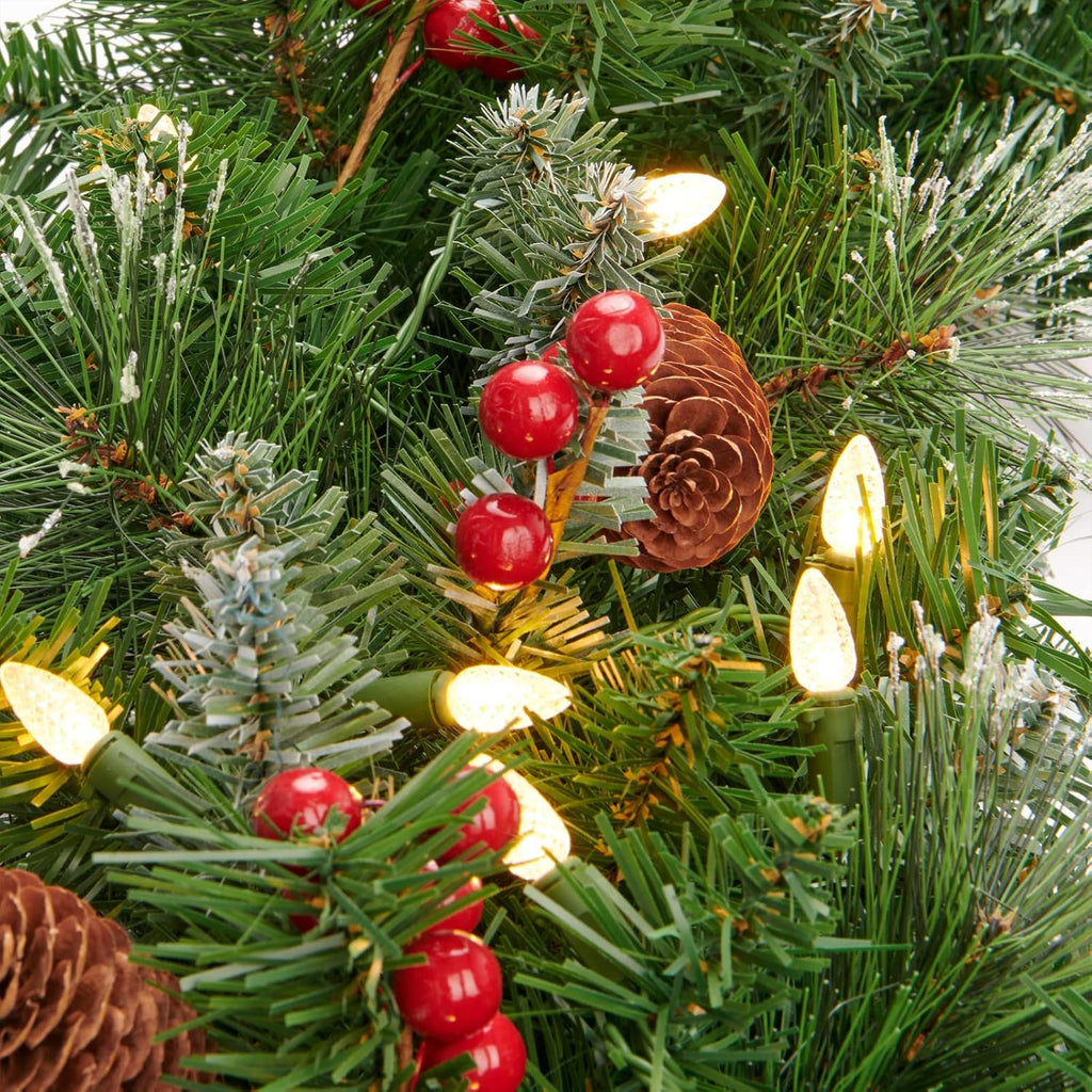 9 feet pre-lit christmas garland, mixed pine decorated shown in use