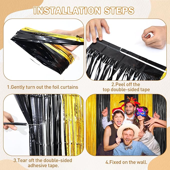 Black and Gold Party Streamers Decoration, 2Pack Graduation Tinsel Backdrop Party Decorations, Foil Fringe Backdrop for 2025 NYE/Anniversary/Farewell/Cocktail/Prom/EID/Birthdays Xmas Wedding Decors