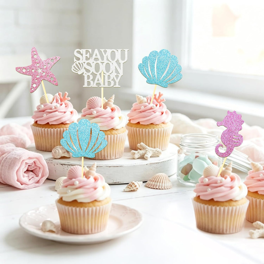 24 Pcs Sea You Soon Baby Cupcake Toppers, Under The Sea Party Decoration | Under the Sea Party Cake Decoration for Mermaid Theme Birthday Parties & Baby Showers