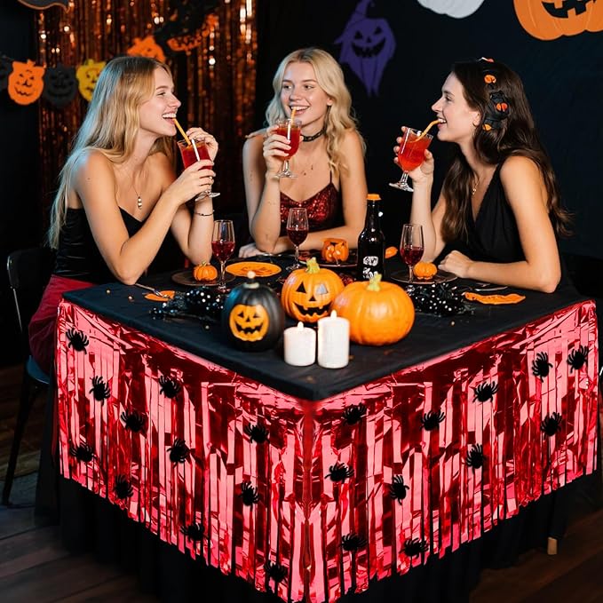 28x106 Inch Red Sequin Tablecloth for Halloween Decorations, Metallic Tinsel Foil Fringe Table Skirt, Rectangle or Round Tables Decor, Table Cover, Spider Decorations for Halloween Party