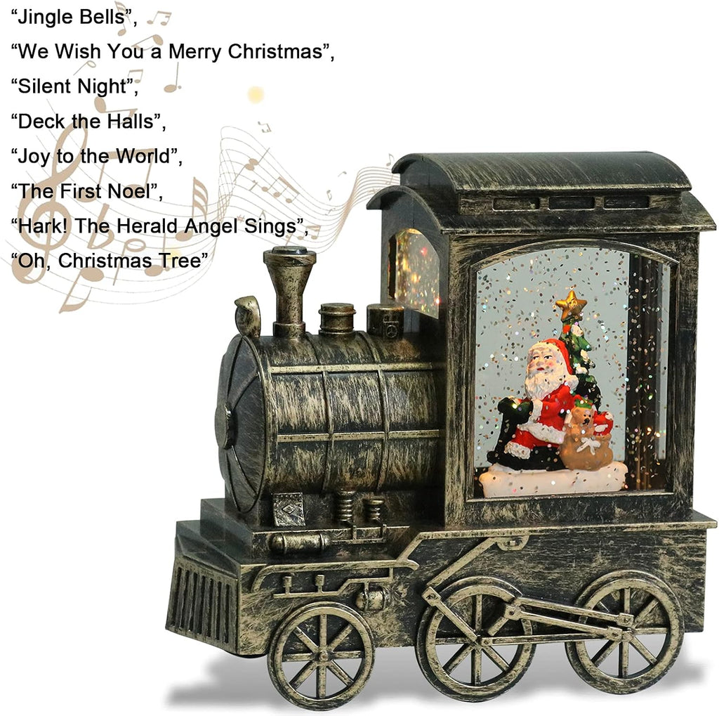 Music Snow Globe Train Lantern with Music and Timer, Battery Operated and USB Cable Santa Lighted Snow Globe Spinning Water Glitter (Bronze, USB Included)