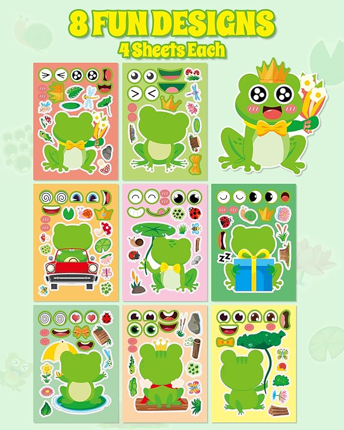 Aowplc 32 Sheets Frog Make-a-Face Stickers for Kids 8 Cute Designs Frog Craft Activities & Party Favors