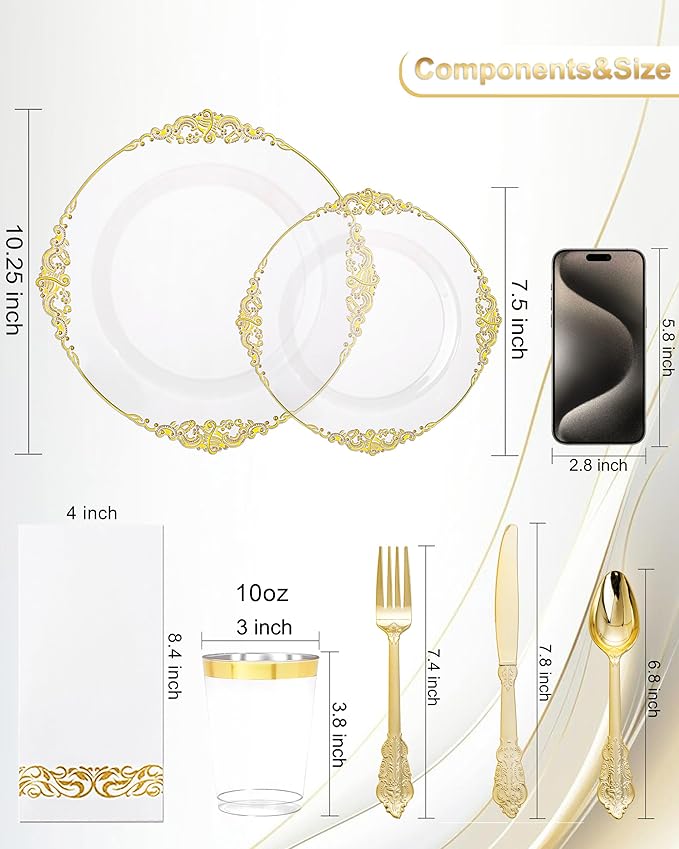 Nervure 350PCS Clear Gold Plastic Plates - Gold Plastic Dinnerware Sets for 50 Guests - 100 Disposable Plates, 150 Silverware, 50 Cups, 50 Napkins for Wedding & Party & Thanksgiving