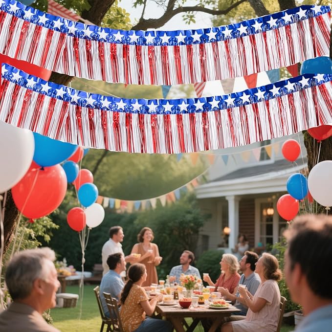 6 Pack 6.6 Feet Red Blue White Foil Fringe Garland Streamers，Red White Blue Star Metallic Hanging Backdrop Banner Table Skirts for 4th of July Decorations Memorial Day Patriotic Party Parade Floats
