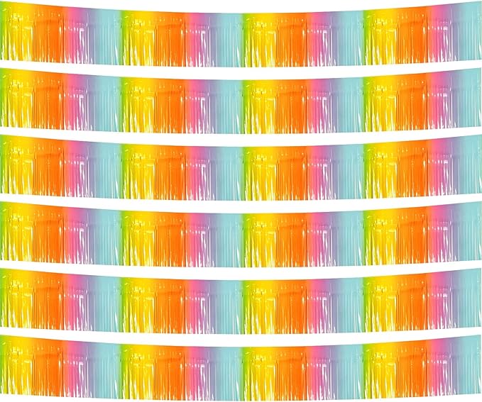 6 Pack 10 Feet Foil Fringe Garland Metallic Tinsel Streamers Banner Wall Hanging Backdrop Banner for Parade Floats, Thanksgiving, Christmas, Birthday, Halloween Party Decorations(Light Rainbow)