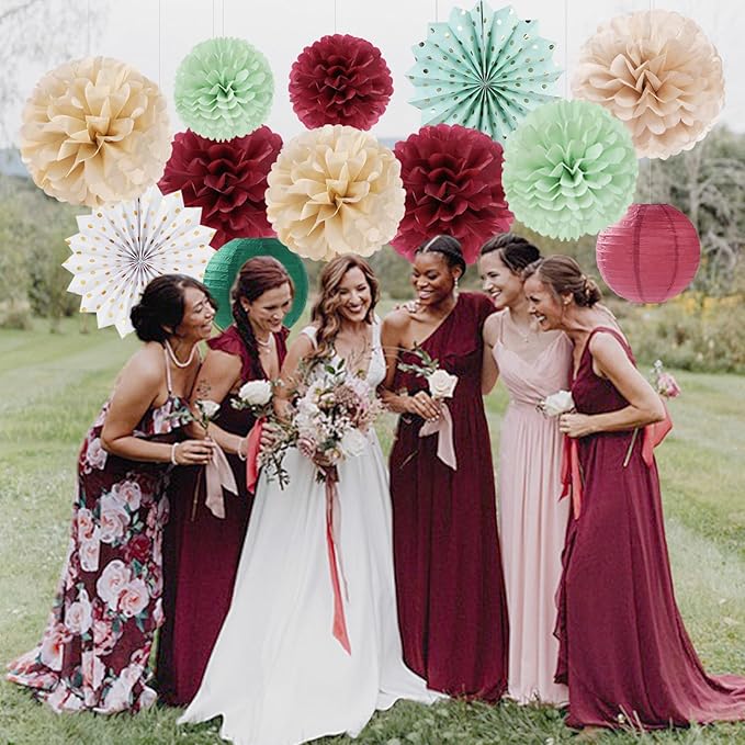 Sage-Olive Green Burgundy-Champagne Boho Party-Decorations - 20pcs Birthday Paper Lanterns Fans,Tissue Pom Poms,Honeycomb Balls,Bunting,Christmas Bridal Baby Shower Wedding Engagement Decor Burgleda