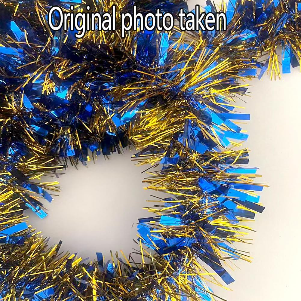 33Ft Christmas Tinsel Garland Xmas Tree Decorations Shiny Thick Metallic Twist Garland Ceiling Hanging Decor for Xmas New Year Birthday Party Indoor Outdoor Supplies-Blue & Gold