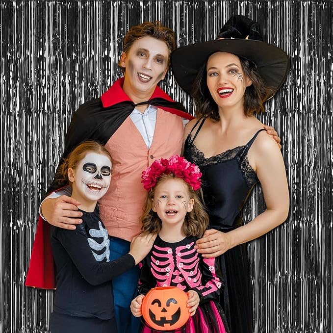 24 Pack Halloween Black Metallic Foil Fringe Curtains, 3.2ft x 8.2ft Foil Fringe Curtain Backdrop Foil Streamers Party Supplies Tinsel Curtain Backdrop for Parties/Halloween/Photo Booth