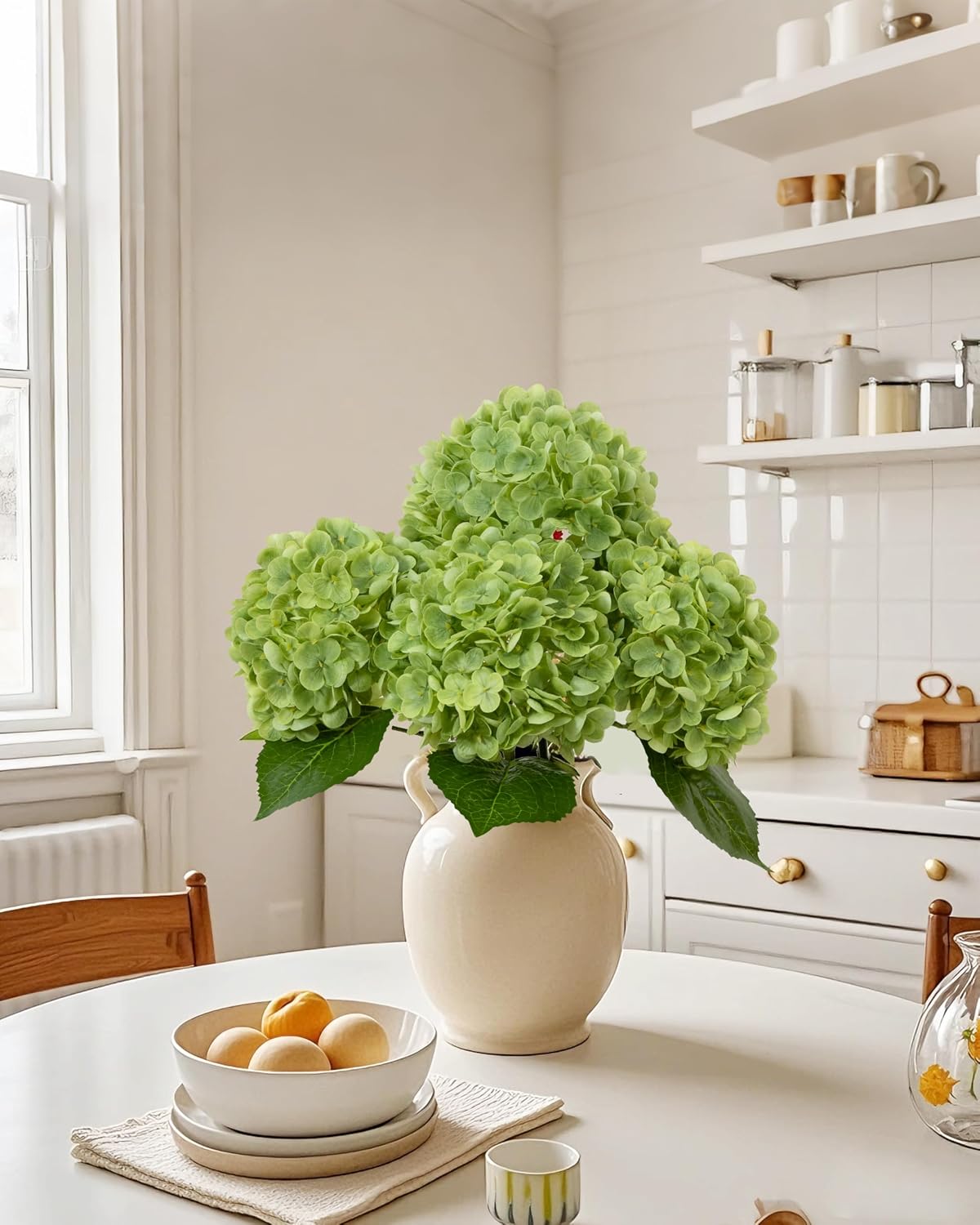 duhouse green artificial hydrangea flowers, 4pcs real touch showing dimensions