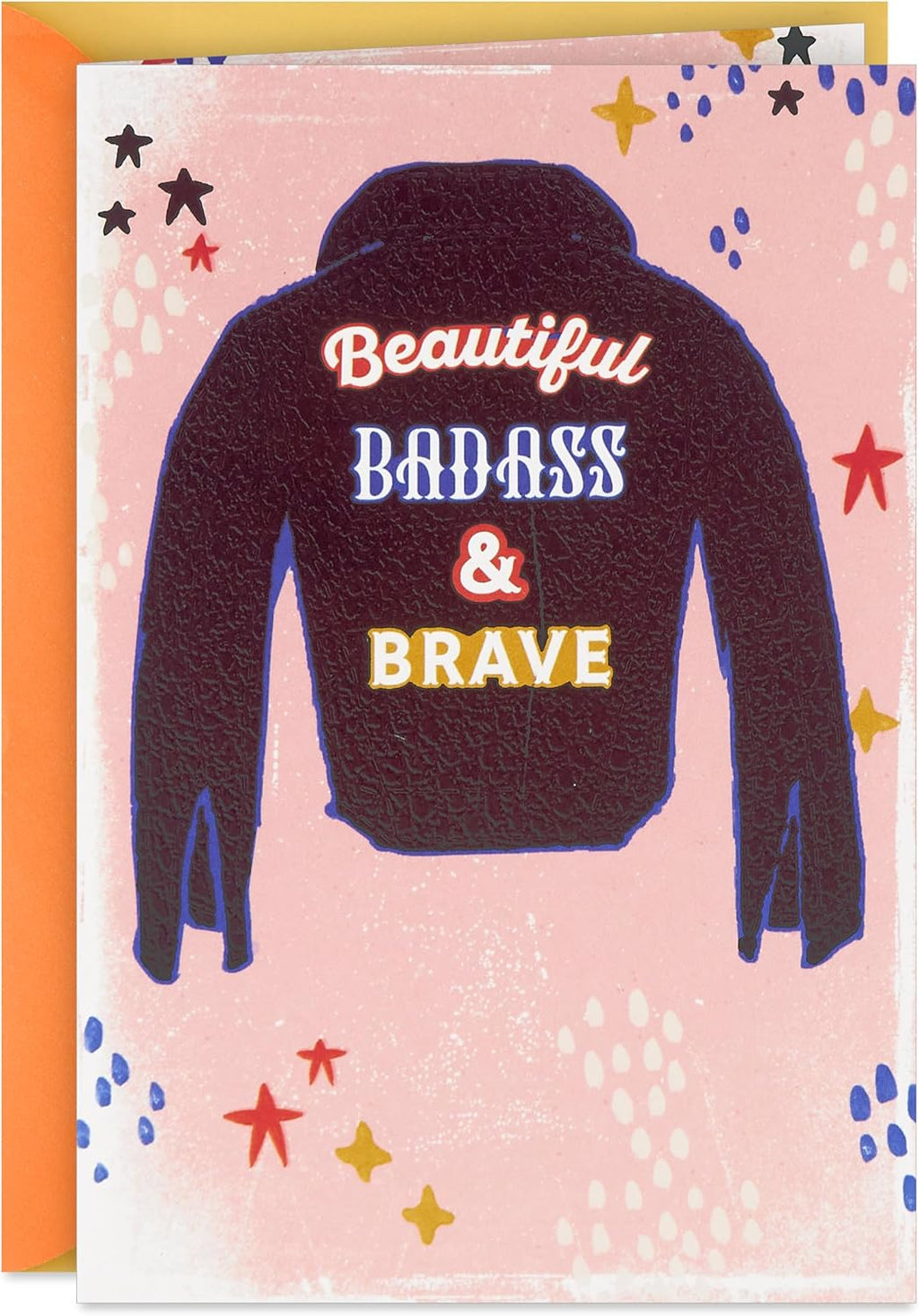 Hallmark Birthday Card for Her (Beautiful, Badass and Brave) Leather Jacket on Pink
