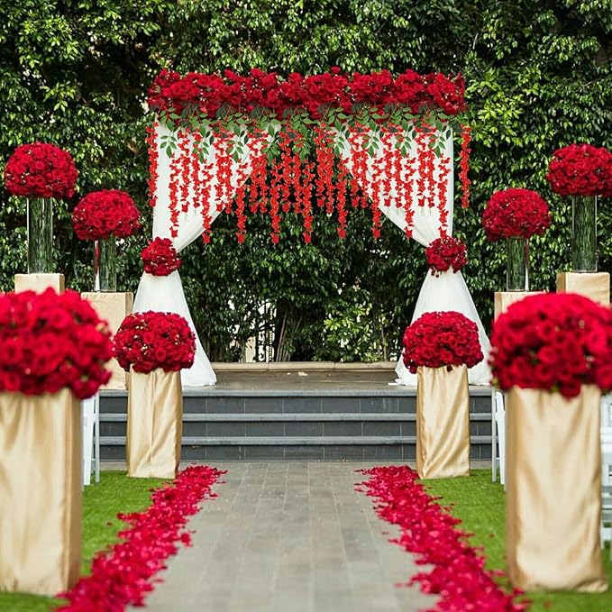 36 Pack Red Wisteria Hanging Flowers, 3.44 Ft Fake Hanging Flowers, Artificial Wisteria Garland Vines for Wedding Room Backdrop Outdoor Patio Garden Decoration