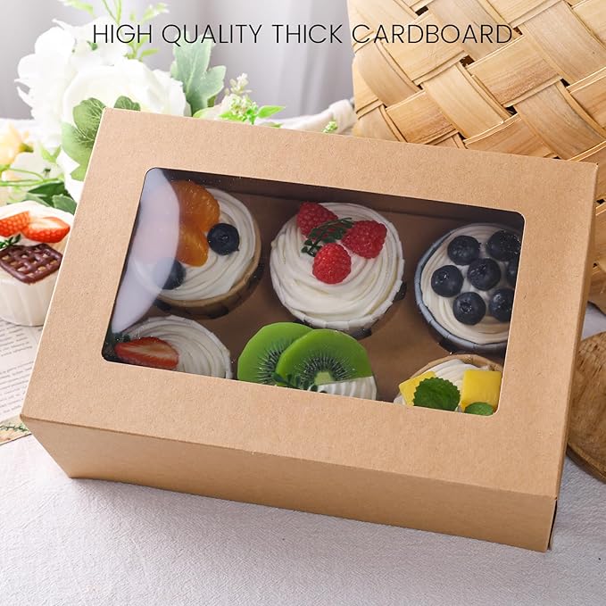 HANSGO 6 PCS Cupcake Boxes, 9.5x6.3x3.5 Inch Cupcake Containers Brown Pastry Boxes with Inserts 6 Holders for Muffins Pastry Strawberry, Party Supplies