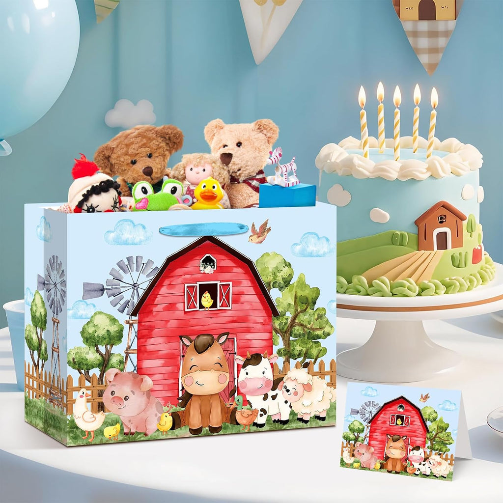 Farm Animals Theme Birthday Gift Bag for Boys Baby Shower Blue Farmhouse Barnyard Gift Bag Wrapping Paper Card Large Cows Pigs Gifts Bag for Baby Shower Farm Birthday Party Favors Supplies