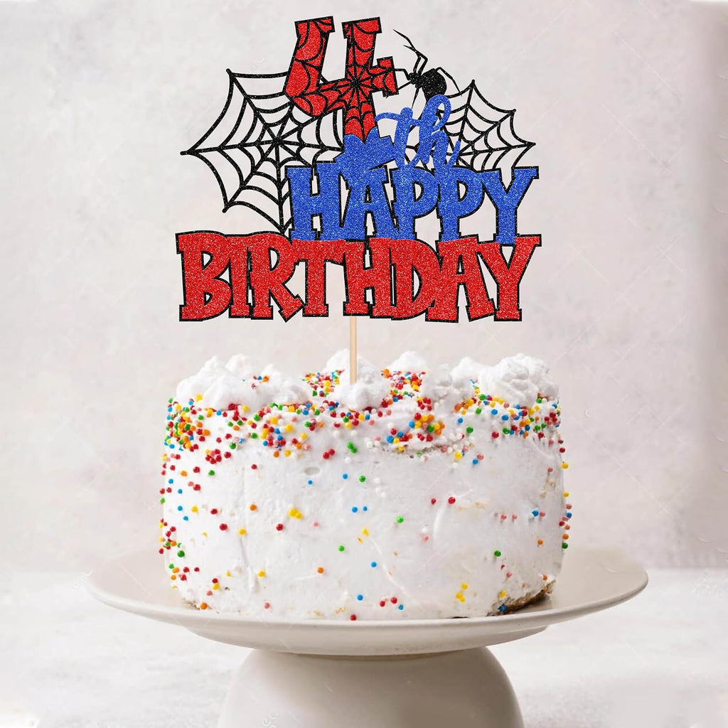 1 PCS Happy 4th Birthday Cake Topper Glitter Spider Web Cheers to 4 Years Four Birthday Cake Pick Superhero Spider Party Decorations for Boys Girls Happy 4th Birthday Party Cake Decorations Supplies