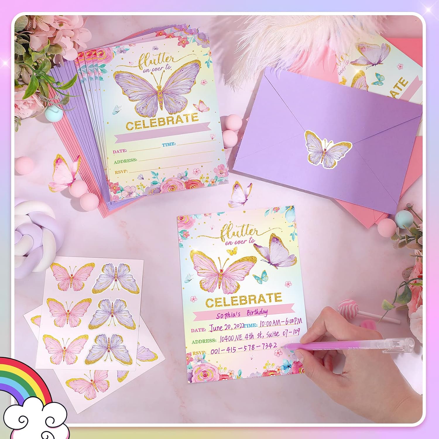 Sepamoon 24 Sets Butterfly Birthday Invitations Girl with Envelopes and Stickers, Baby Shower Invitations for Girl, Butterfly Birthday Party Invitation Cards for Children Party Supplies Favors(Purple)