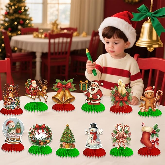 12Pcs Christmas Honeycomb Centerpieces Christmas Table Toppers Decorations Christmas Tree,Snowman,Gingerbread for Holiday Christmas Party Supplies