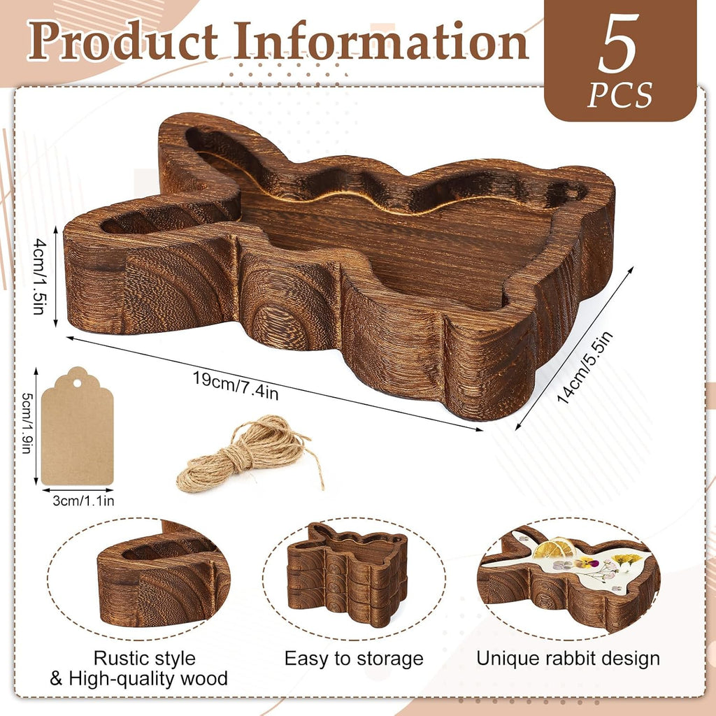 5 Pcs Easter Wooden Dough Bowl for Candle Making, 7.4" x 5.5" Rabbit Shaped Dough Bowls for Decor Rustic Paulownia Wood Dough Bowl Candle With Cards & Ropes for DIY Home Farmhouse Decor